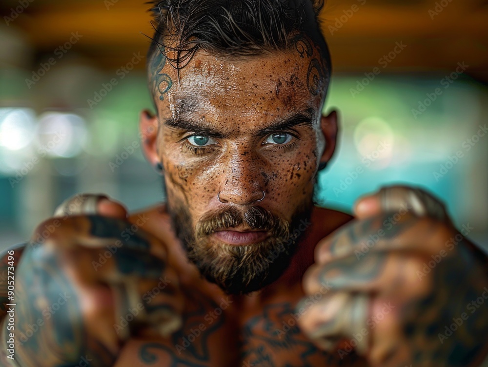 close-up portrait of a fighter in the ring, his intense gaze capturing the moment before the battle. close-up portrait of a fighter in the ring, his intense gaze capturing the moment before the battle.
