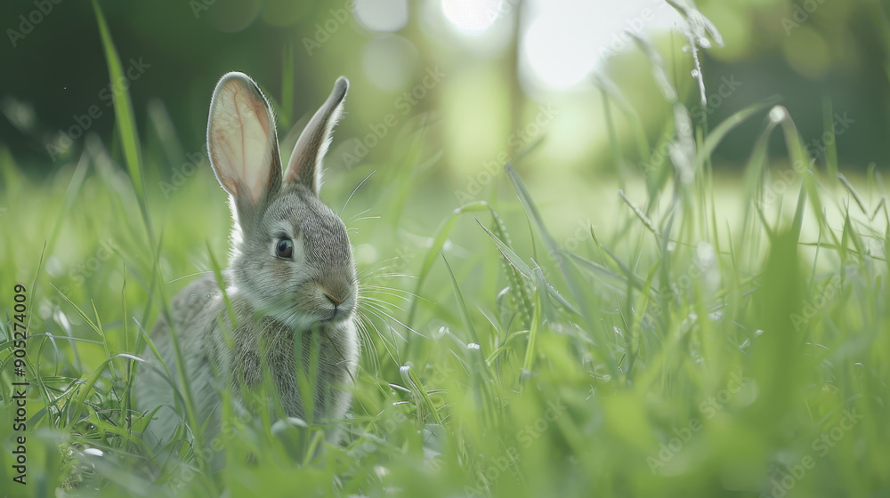 A young rabbit in a lush green meadow, nibbling on the fresh blades of grass, creates a peaceful and natural scene. A young rabbit in a lush green meadow, nibbling on the fresh blades of grass, creates a peaceful and natural scene.