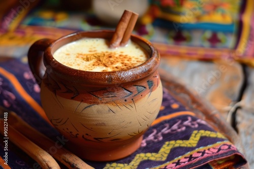 Traditional Mexican atole in a handmade clay mug with a cinnamon stick on a bright textile background photo