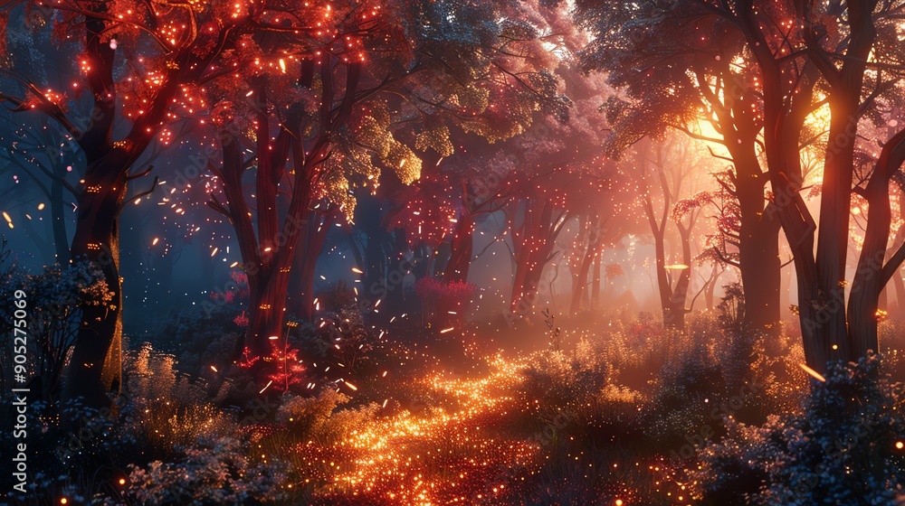 A magical forest with glowing lights and a path leading through the trees. A magical forest with glowing lights and a path leading through the trees.