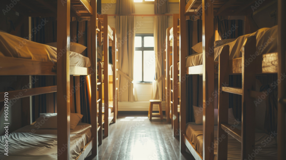A well-lit dormitory with wooden bunk beds and sunlight streaming through a window, creating a serene atmosphere.