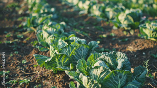 Close-up of green cabbage plants thriving in a sunlit garden plot, showcasing healthy leaves against the dark, rich soil.