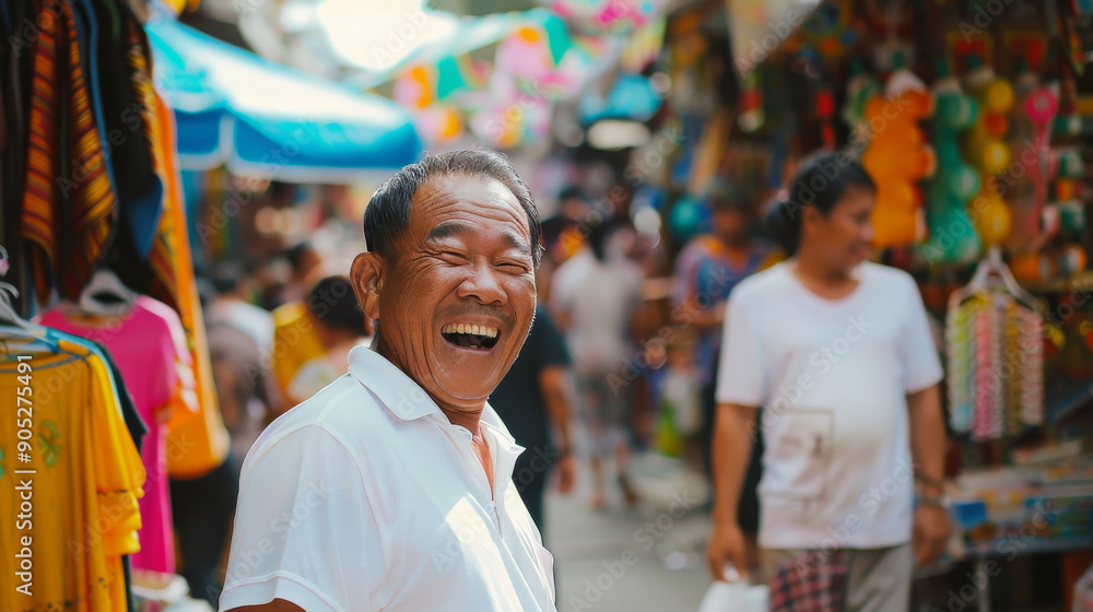 A joyful man in a bustling market, wearing a big smile that radiates happiness amidst the colorful stalls. A joyful man in a bustling market, wearing a big smile that radiates happiness amidst the colorful stalls.