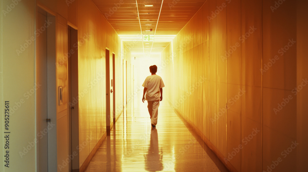 A medical professional walks down a warm, well-lit hospital hallway towards a bright exit door, creating an almost ethereal glow. A medical professional walks down a warm, well-lit hospital hallway towards a bright exit door, creating an almost ethereal glow.