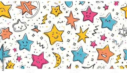 playful pattern of doodles featuring whimsical stars, lightning bolts and smiley faces on a white background