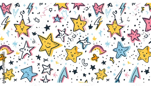 playful pattern of doodles featuring whimsical stars, lightning bolts and smiley faces on a white background