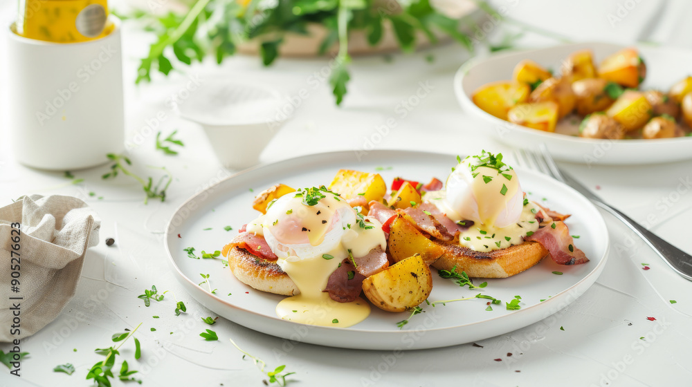 A delicious brunch plate features poached eggs on toast, crispy bacon, and golden potato wedges, garnished with fresh herbs on a bright, fresh table setting. A delicious brunch plate features poached eggs on toast, crispy bacon, and golden potato wedges, garnished with fresh herbs on a bright, fresh table setting.