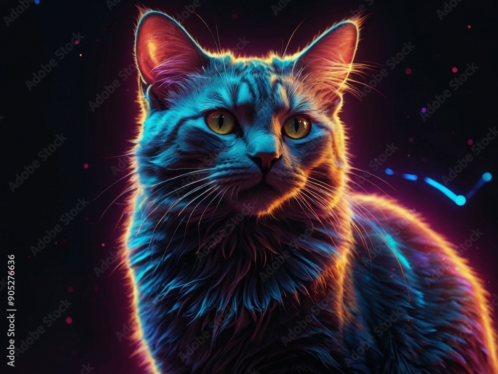 Abstract neon light Kitty Cat wallpaper, glowing space background	
