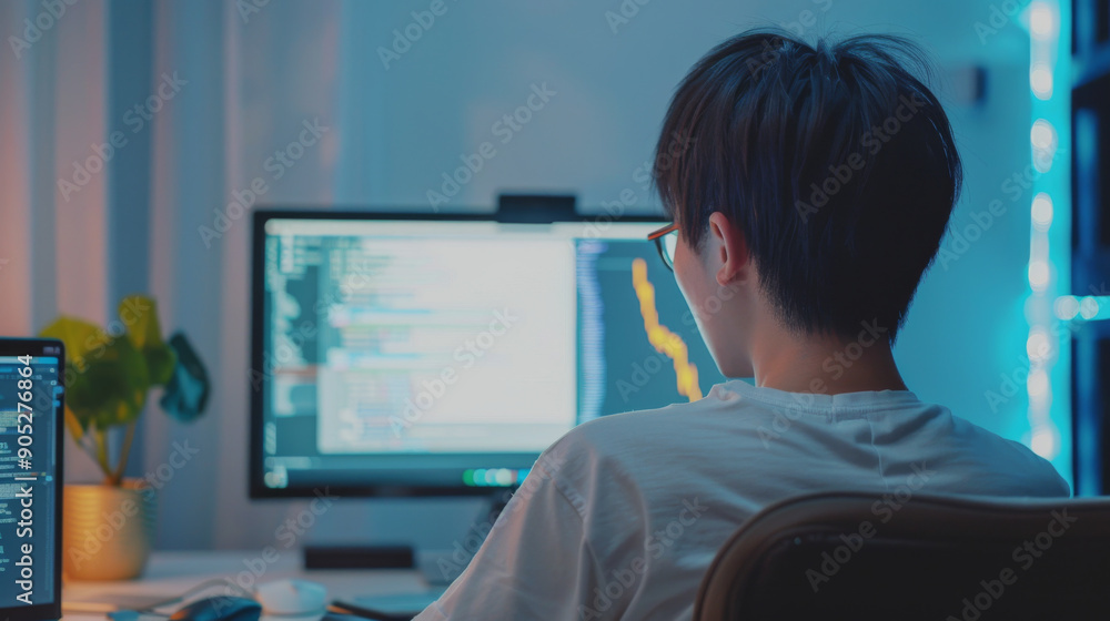 Fototapeta premium A young person with glasses intently working on multiple monitors, with code visible, in a dimly lit room.