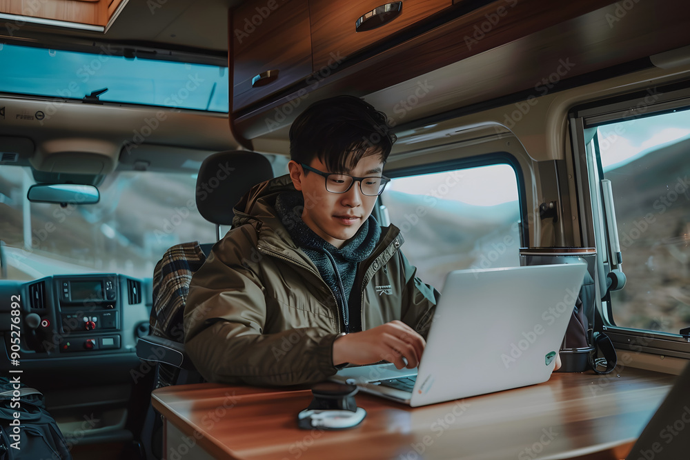 Fototapeta premium man as digital nomad use laptop 