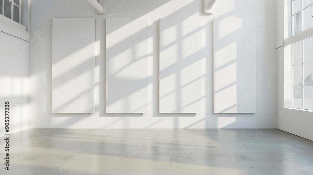 An empty, bright gallery space with four blank canvases on white walls, illuminated by natural light casting soft shadows and creating an airy, inviting atmosphere. An empty, bright gallery space with four blank canvases on white walls, illuminated by natural light casting soft shadows and creating an airy, inviting atmosphere.