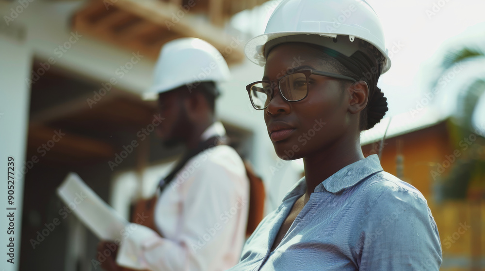 A construction worker in glasses and a helmet, gazing intently with a background of a construction site, exuding professionalism. A construction worker in glasses and a helmet, gazing intently with a background of a construction site, exuding professionalism.