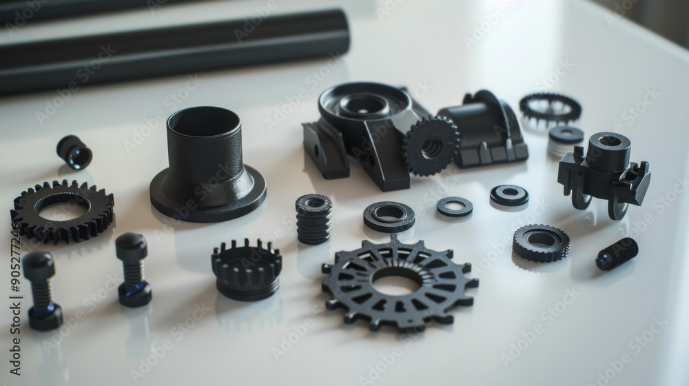 Various black mechanical parts and gears organized on a white surface, illustrating precision engineering and industrial design. Various black mechanical parts and gears organized on a white surface, illustrating precision engineering and industrial design.