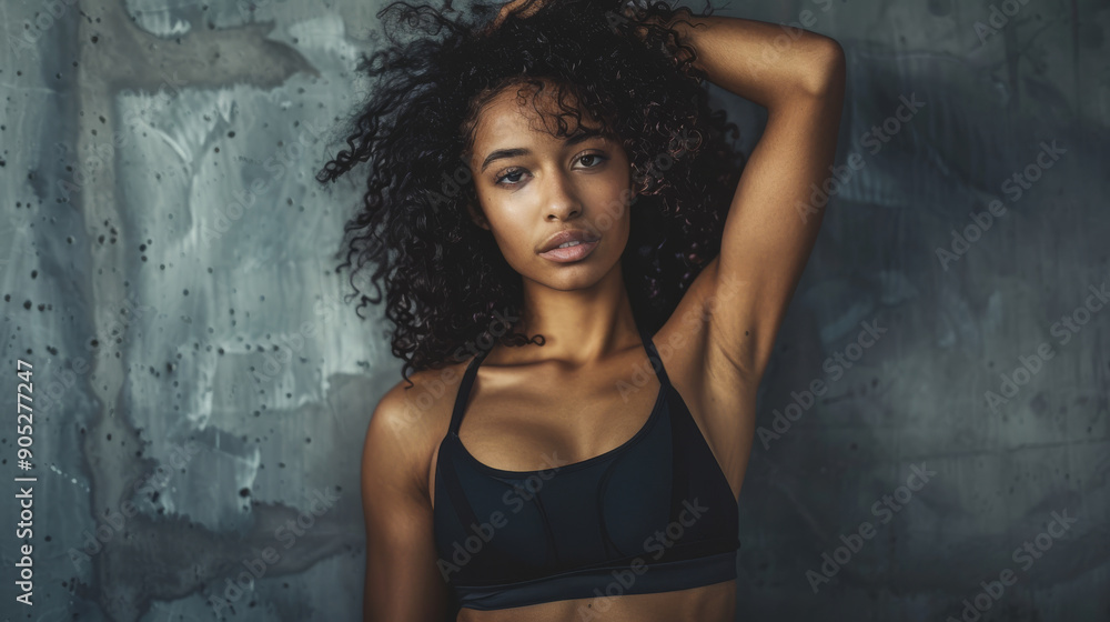 A woman with curly hair in a black sports bra strikes a confident pose against a textured gray wall, exuding strength and grace. A woman with curly hair in a black sports bra strikes a confident pose against a textured gray wall, exuding strength and grace.