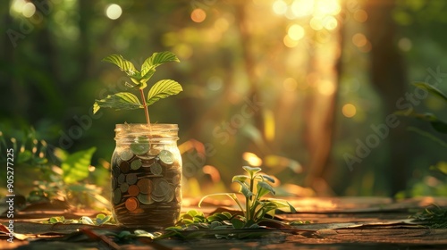 small plant growing from a jar of coins copy space
