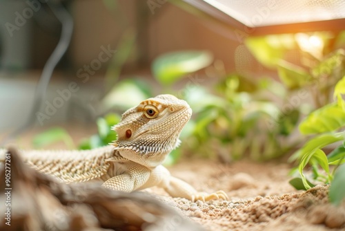 Bearded Dragon Basking Under Heat Lamp in Indoors Terrarium with Natural Decor of Rocks and Plants, Warm Energizing Light, Serene Morning Mood photo