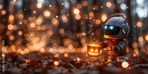 A robot holding a jack-o'-lantern in a glowing forest.