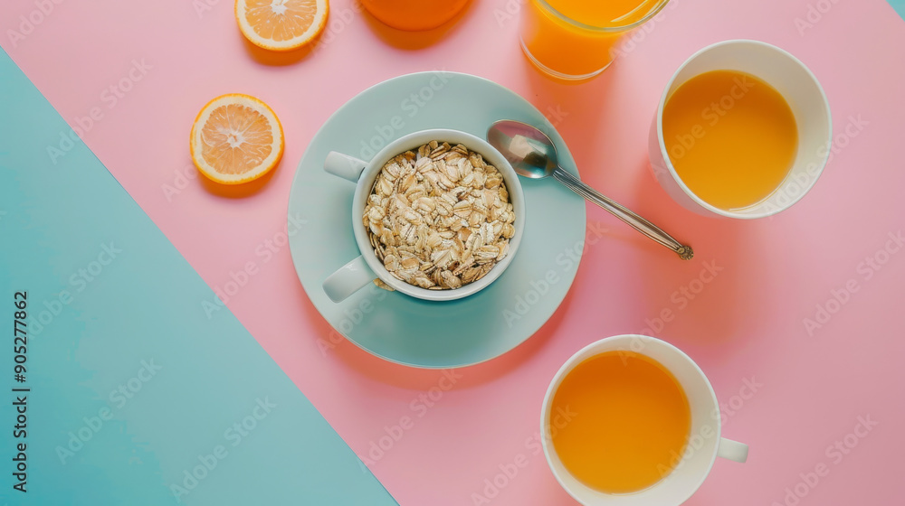 A beautifully arranged breakfast featuring oats and glasses of orange juice on a pastel pink and blue background. A beautifully arranged breakfast featuring oats and glasses of orange juice on a pastel pink and blue background.