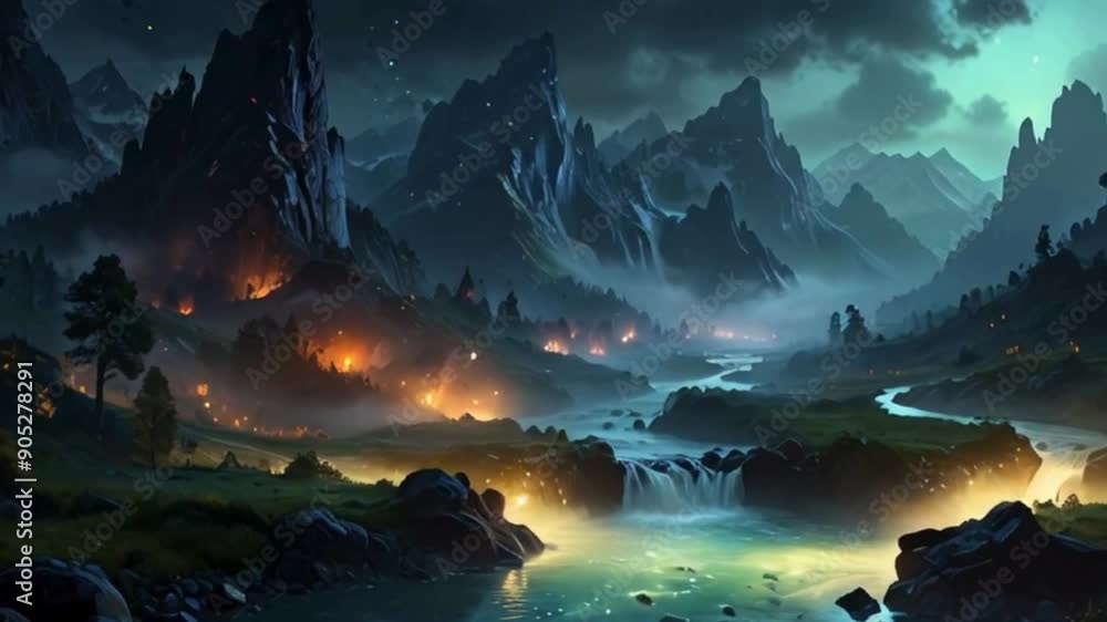 Misty Valley with River, Waterfall, and Mountains at Sunrise Misty Valley with River, Waterfall, and Mountains at Sunrise
