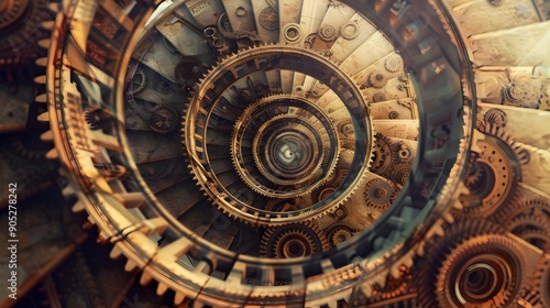 Spiral Staircase Constructed from Intricate Clock Gears Symbolizing Infinite Time in Surreal © pkproject