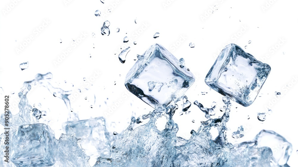 Detailed ice cube dropping, isolated on white background, with sharp focus and clarity. Detailed ice cube dropping, isolated on white background, with sharp focus and clarity.