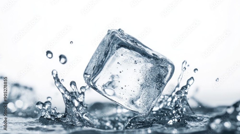 Falling ice cube with water droplets, isolated on white background, in full detail. Falling ice cube with water droplets, isolated on white background, in full detail.