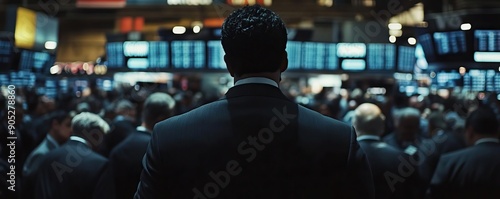 medium shot, cinematic, a trader wearing a suit seen from behind in the packed and rowdy pits of a busy stock exchange, shot by ARRIFLEX 35 BL camera, Canon K 35 Prime Lenses, 70mm photo