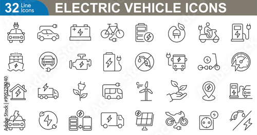 Electric vehicle icons set vector illustration. Electric car, battery, eco-friendly, range, plug, speed, hybrid, infrastructure and more.