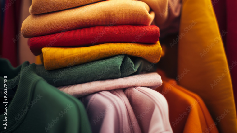 A stack of folded sweatshirts in various vibrant colors, creating a rich, textured display of fabric. A stack of folded sweatshirts in various vibrant colors, creating a rich, textured display of fabric.