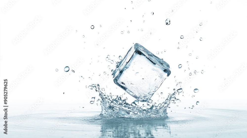 Ice cube falling with water droplets, isolated on white, highlighting its details. Ice cube falling with water droplets, isolated on white, highlighting its details.