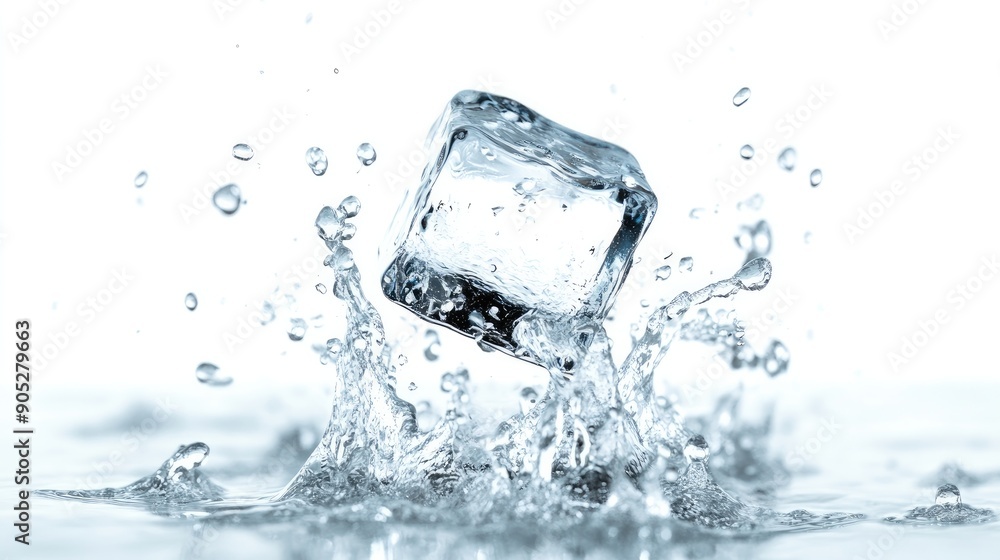 Ice cube falling with water droplets, isolated on white, highlighting its details. Ice cube falling with water droplets, isolated on white, highlighting its details.