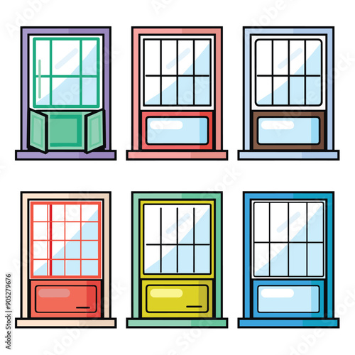 Six colorful cartoon windows, uniquely designed. Illustrations residential house windows, flat design style. Collection features various window frames, sashes, panes, sill colors