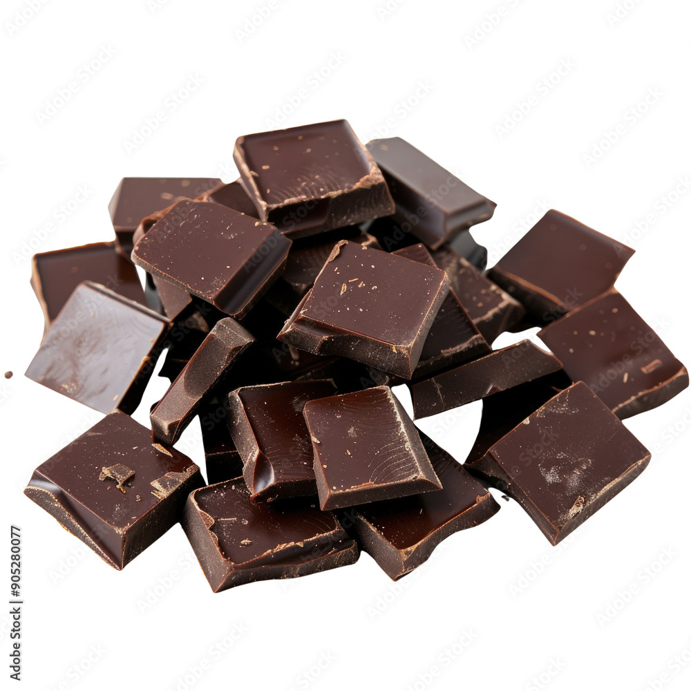 A pile of delicious dark chocolate squares on a white background. Perfect for dessert, snack, or as a food ingredient. A pile of delicious dark chocolate squares on a white background. Perfect for dessert, snack, or as a food ingredient.