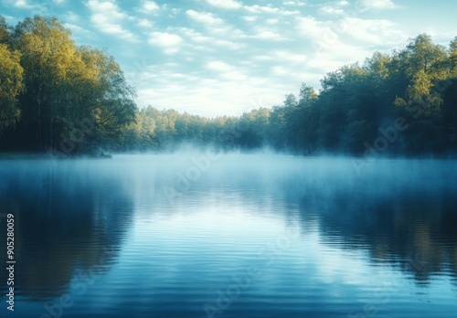 Wallpaper Mural A serene lake partially obscured by early morning fog, with mist gently rising from the water's surface and trees faintly visible in the background Torontodigital.ca