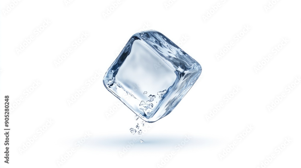 Single ice cube falling, isolated on white background, showcasing its transparency and clarity. Single ice cube falling, isolated on white background, showcasing its transparency and clarity.