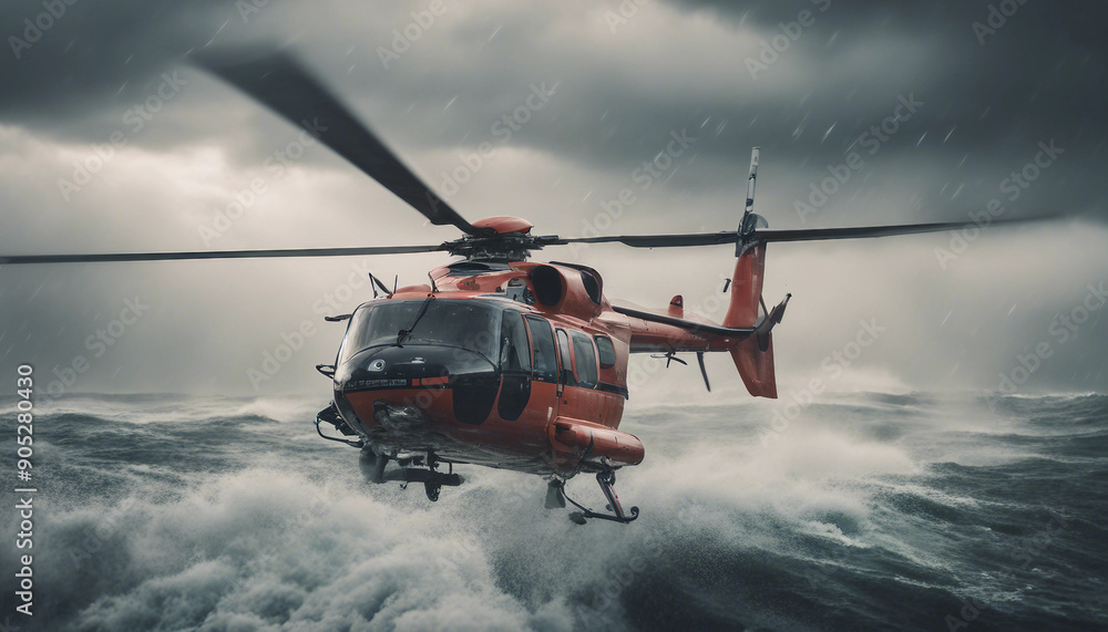A rescue helicopter hovering above a turbulent ocean, battling heavy rain and powerful gusts as it searches for a stranded vessel.
A rescue helicopter hovering above a turbulent ocean, battling heavy rain and powerful gusts as it searches for a stranded vessel.