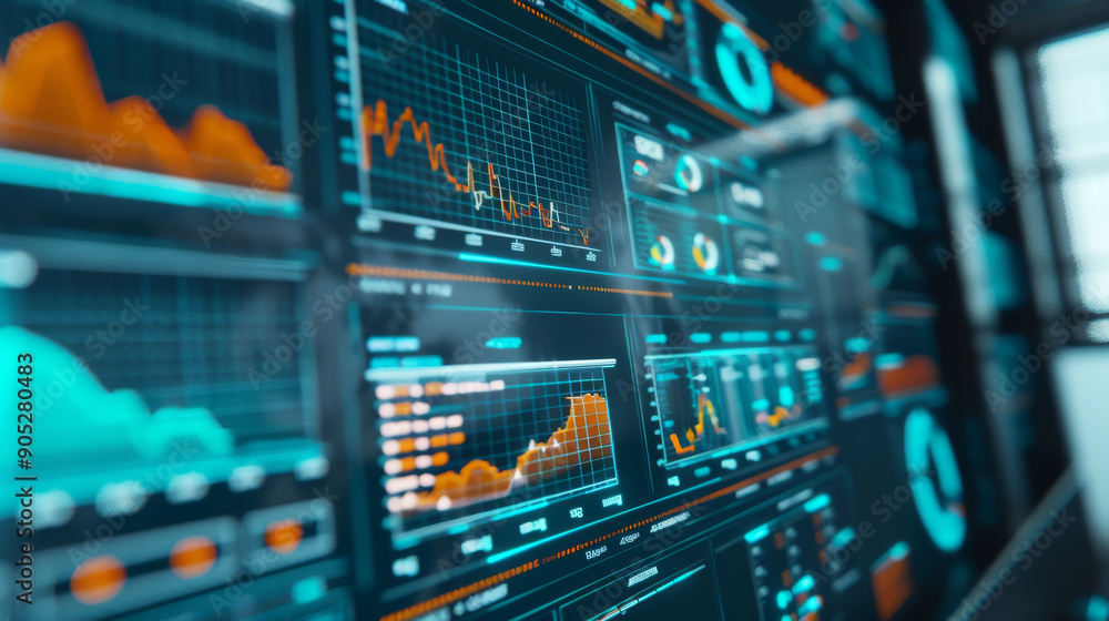 Close-up of sophisticated data visualizations and analytics on multiple screens, conveying information density and technological sophistication. Close-up of sophisticated data visualizations and analytics on multiple screens, conveying information density and technological sophistication.