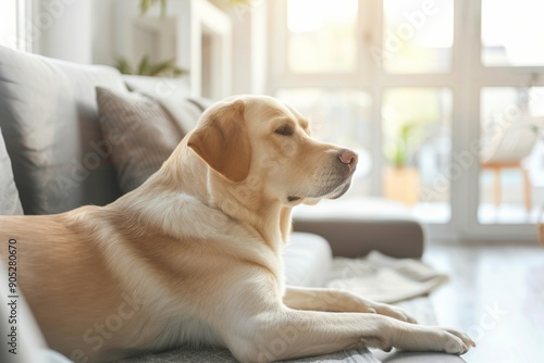 Middle-aged Male Labrador Dog Lounging on Cozy Rug in Serene Living Room During Afternoon - Peaceful Home Interior