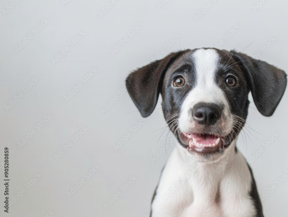Close-Up of a Happy Puppy Sitting and Looking at Camera on White Background in Natural Lighting Close-Up of a Happy Puppy Sitting and Looking at Camera on White Background in Natural Lighting