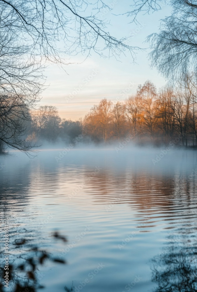 A serene lake partially obscured by early morning fog, with mist gently rising from the water's surface and trees faintly visible in the background A serene lake partially obscured by early morning fog, with mist gently rising from the water's surface and trees faintly visible in the background