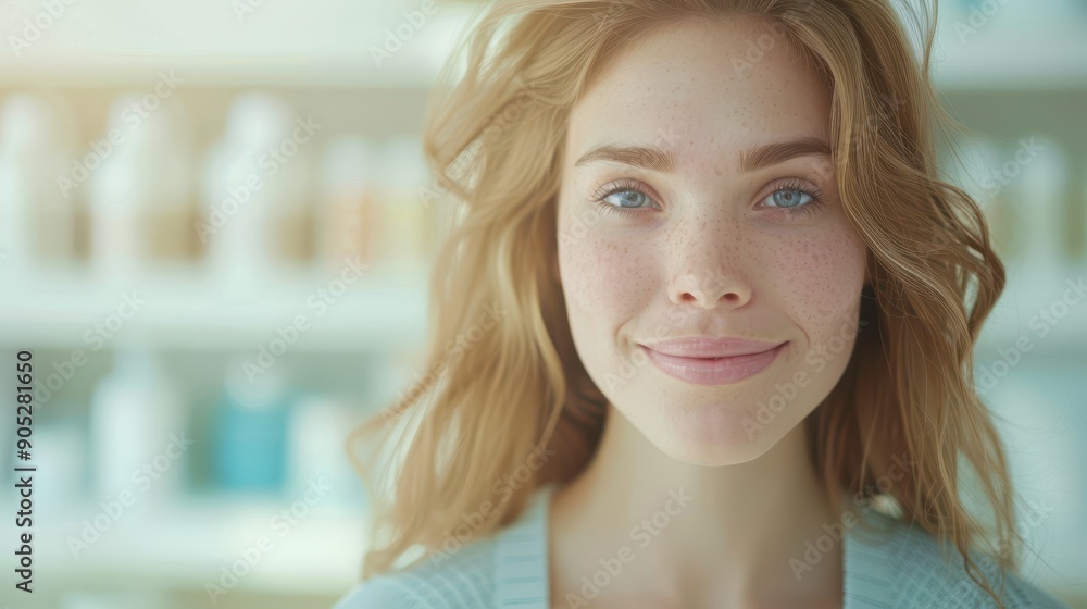A woman with blonde hair and blue eyes is smiling at the camera. She is wearing a blue shirt and is standing in front of a shelf with many bottles A woman with blonde hair and blue eyes is smiling at the camera. She is wearing a blue shirt and is standing in front of a shelf with many bottles