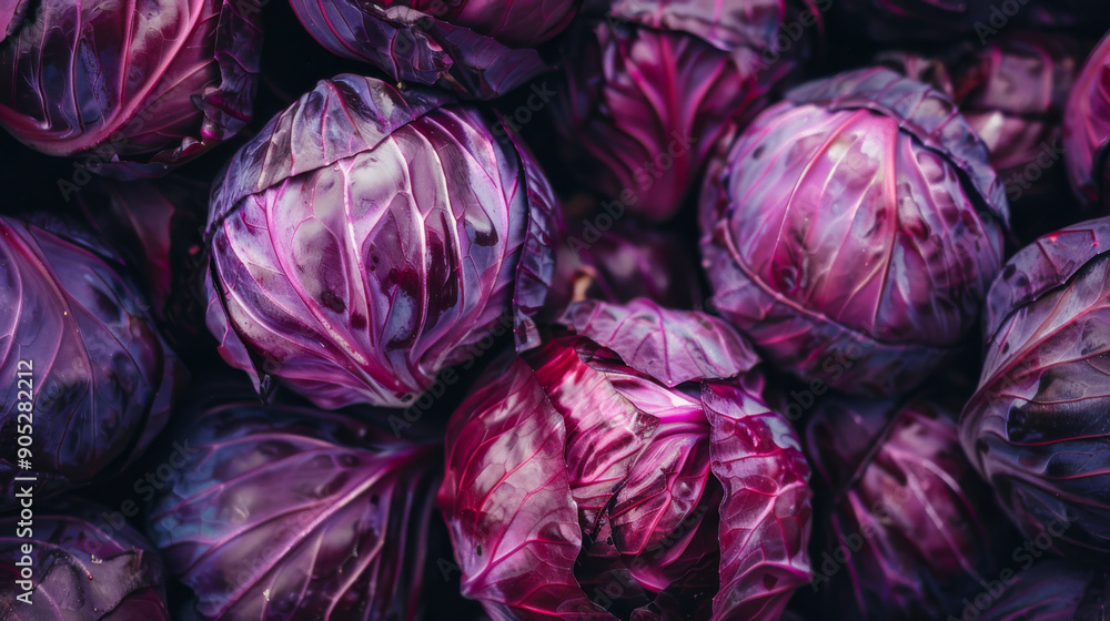 Obraz premium Pile of fresh red cabbages, their deep purple hues and tightly packed leaves creating an almost textural abstraction.