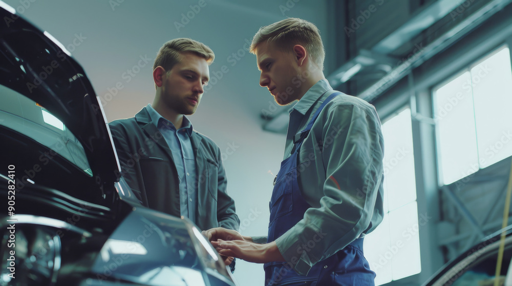 Two mechanics intensely discuss repairs beside an opened car hood in a modern, well-equipped garage, illustrating teamwork and technical expertise. Two mechanics intensely discuss repairs beside an opened car hood in a modern, well-equipped garage, illustrating teamwork and technical expertise.