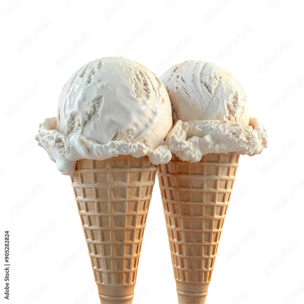 Two scoops of ice cream in a cone against a transparent background. Two scoops of ice cream in a cone against a transparent background.