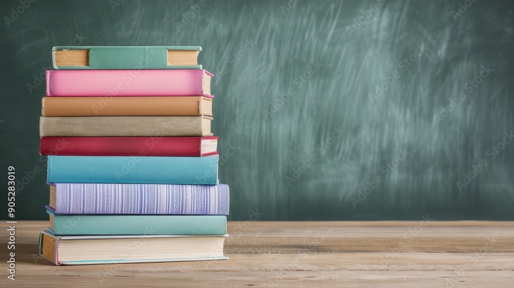 A stack of books on a table with a chalkboard behind them A stack of books on a table with a chalkboard behind them