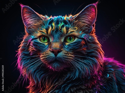 Abstract neon light Kitty Cat wallpaper, glowing space background   © Sompadith
