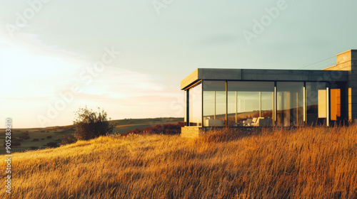 A modern, glass-walled home overlooks a rolling landscape, bathed in warm, golden light at sunset.