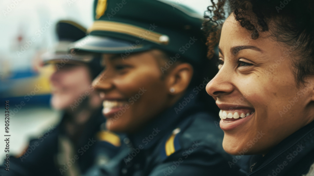 Smiling women in uniform share a joyous moment, exuding confidence and camaraderie against a blurred background. Smiling women in uniform share a joyous moment, exuding confidence and camaraderie against a blurred background.