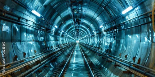 A breathtaking and stunning perspective of a futuristic tunnel featuring bright, vibrant lights and sleek, modern rails