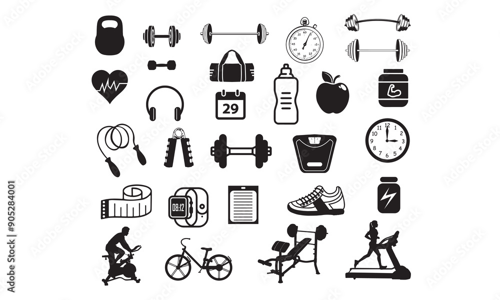 Obraz premium Gym elements Vector bundle, Clipart, Silhouette, Vector, icons, illustration, design.